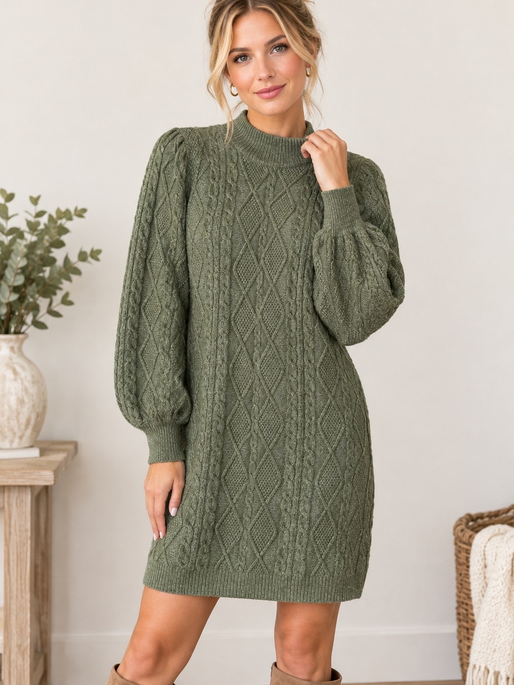 Olive Cable Knit Sweater Dress -